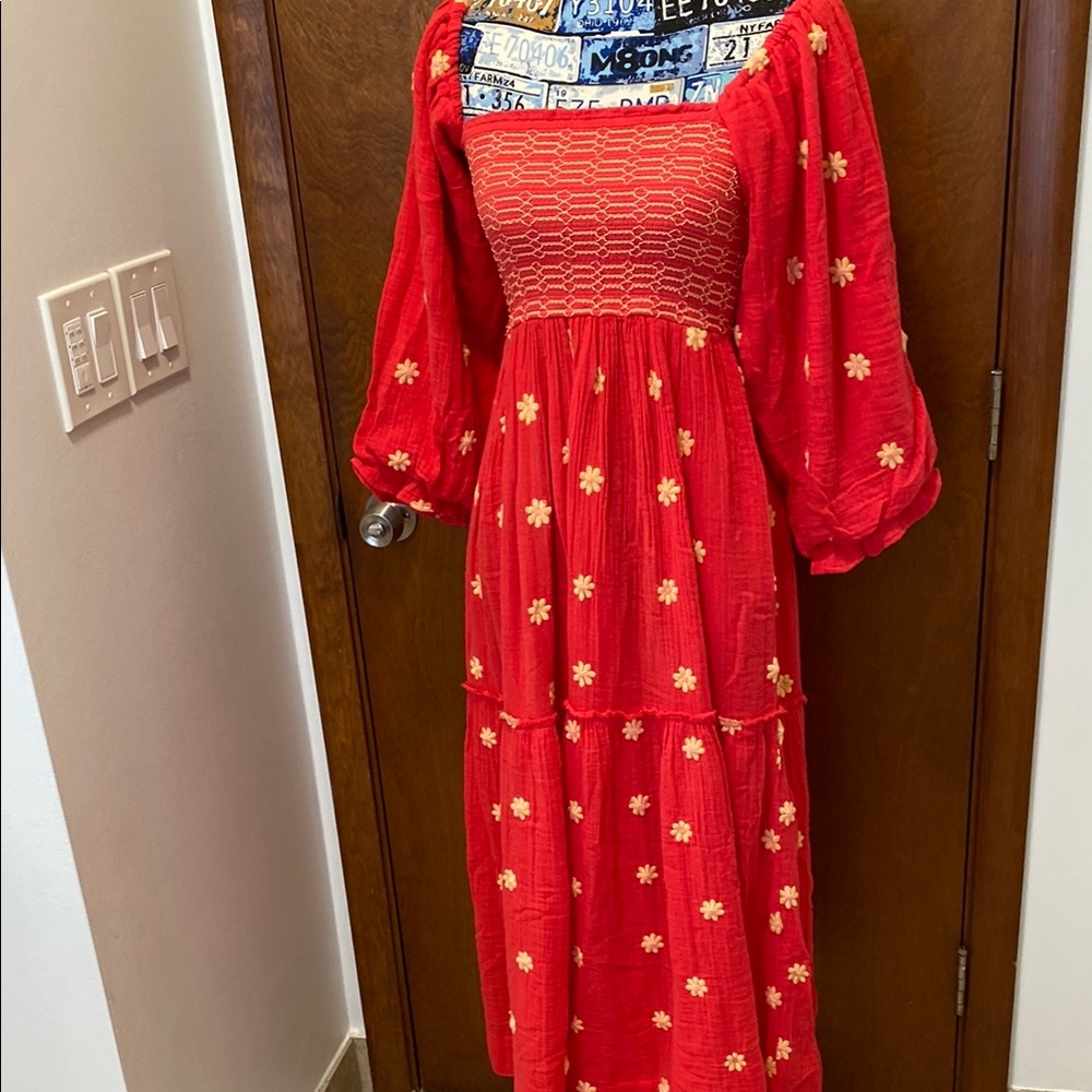 Free People Red Floral Smocked Maxi Dress size XS , NWT